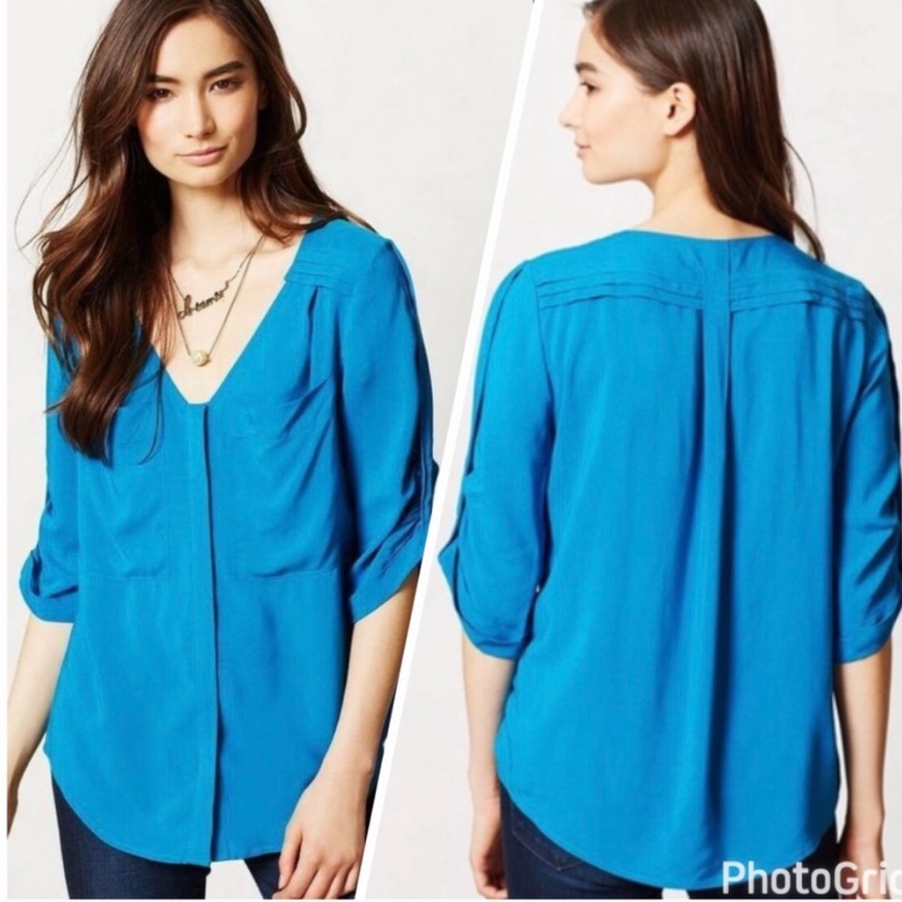 Anthro EDME & ESYLLTE Estrie Top Shirt Blouse Vibrant Blue Pleated Ruched